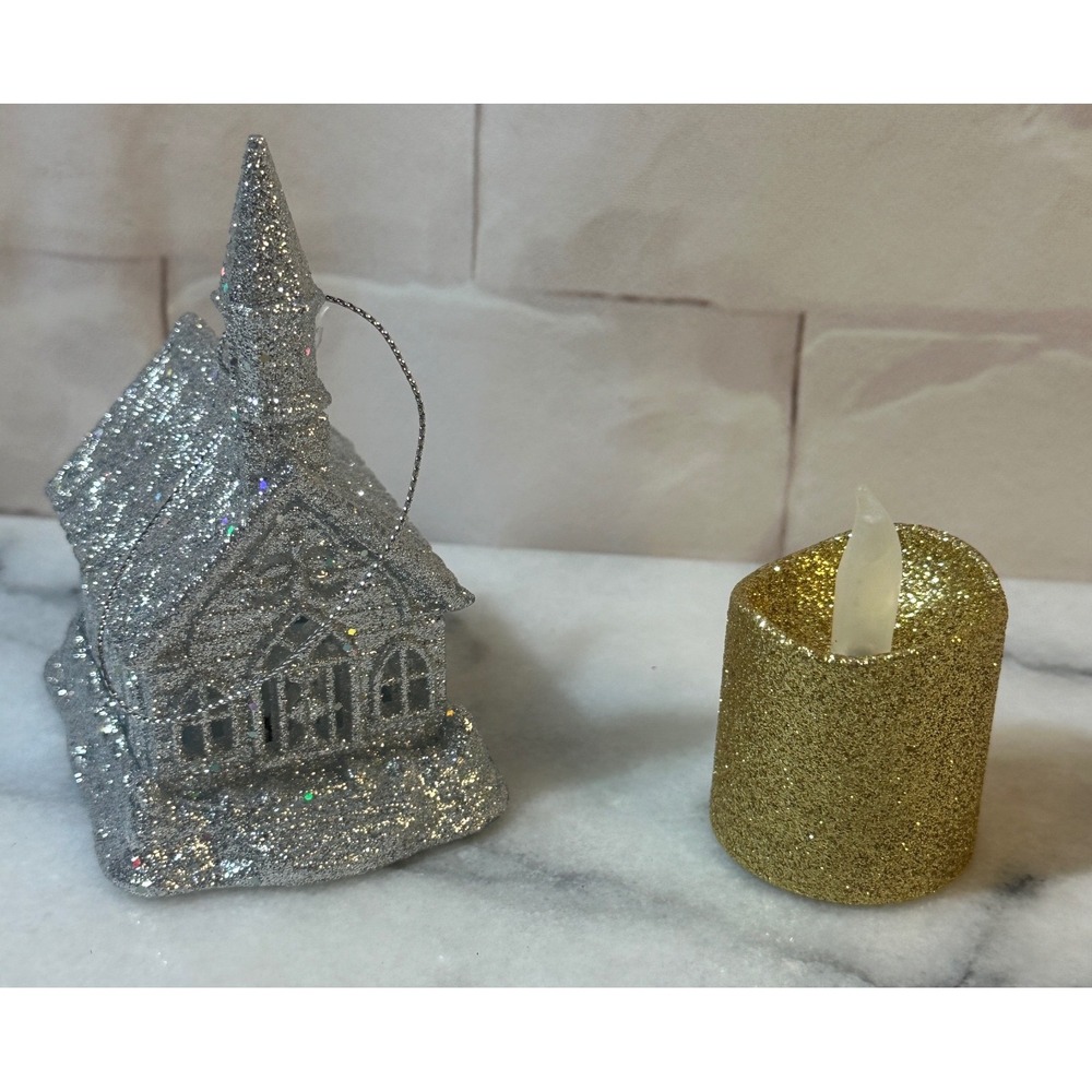 Silver Glitter Church Ornament and Gold LED Flameless Candle Christmas Set